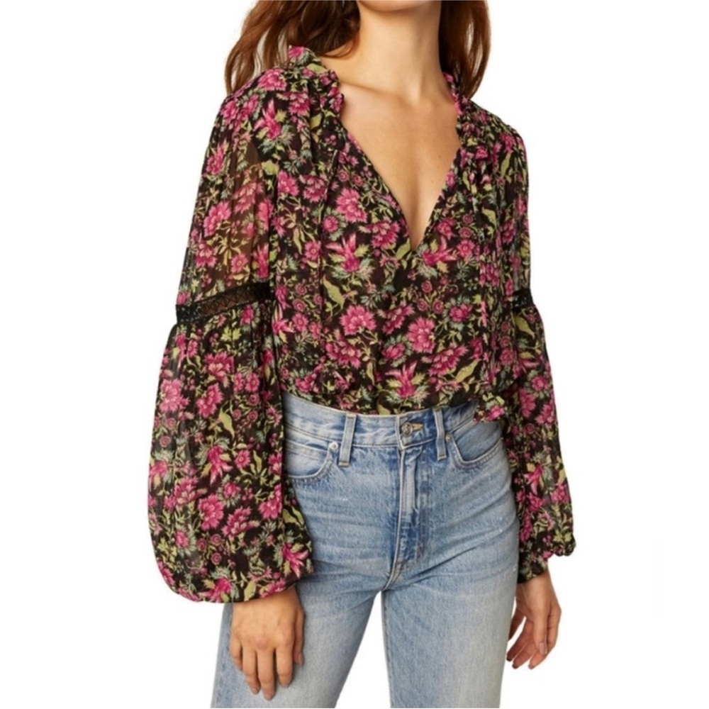 MISA LOS ANGELES ALICIA FLORAL COQUETTE PRAIRIE BLOUSE VNECK TIES PINK BLACK L